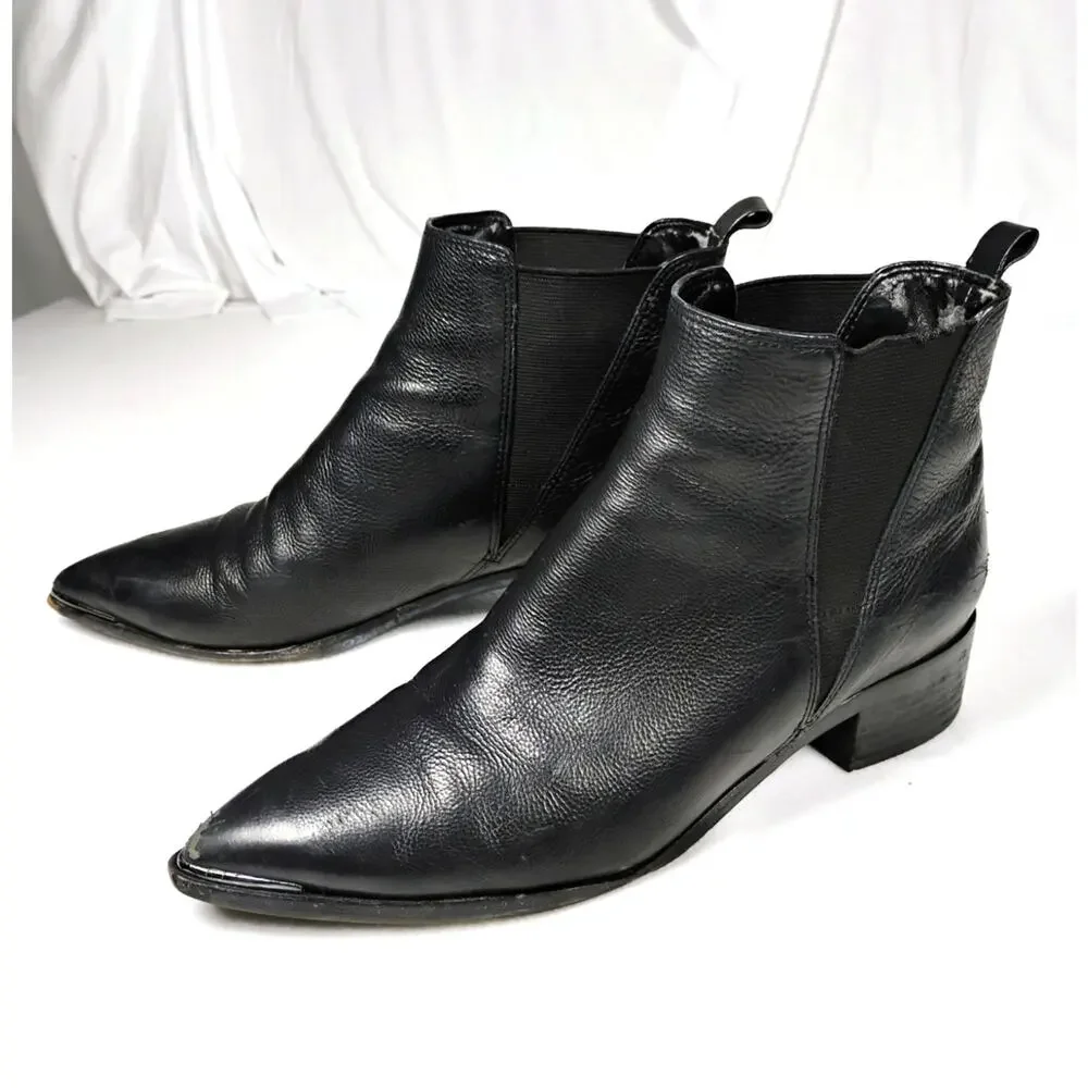 Marc Fisher Yale Black Leather Chelsea Boots Pointed Toe Slip On Womens 7.5M